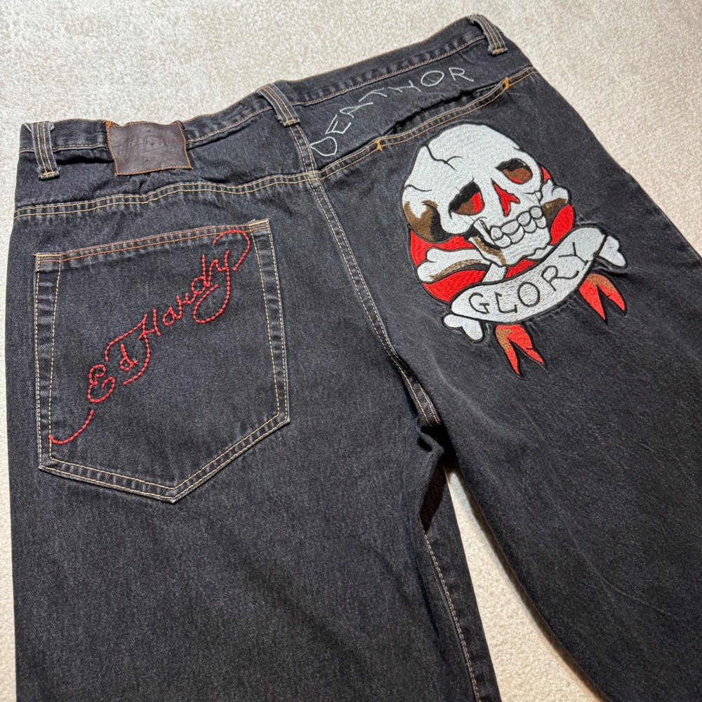 Vintage Ed Hardy Christian Audigier Death or Glory Denim Shorts Men's 42 Y2K